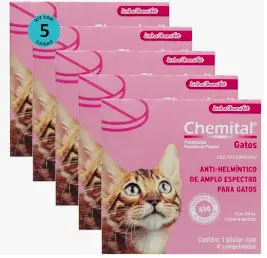 Chemital Com 4 Comprimidos Chemitec Vermífugo Para Gatos Kit Com 5 Cx