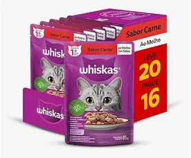 Pack Ração Úmida Whiskas Sachê Carne ao Molho para Gatos Adultos – Leve 20 Pague 16