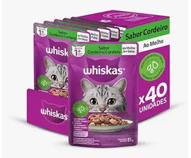 Pack Ração Úmida Whiskas Sachê Cordeiro ao Molho para Gatos Adultos 85g – 40 unidades