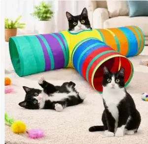 Túnel para Gatos Dobrável com 3 Entradas e Bolinha Interativa – Brinquedo para Gato Estimulante, Antiestresse, Resistente, Portátil e Lavável, Diversão e Exercício para Pets