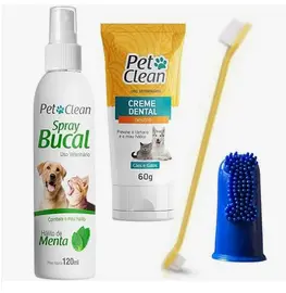 Pet Clean Kit Higiene Bucal, Spray Menta 120Ml, Creme Dental Neutro 60G, Escova Dupla E Dedeira